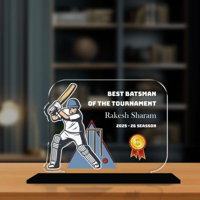 Best Batsman of The Tournament Personalized Cricket Theme Award Trophy  UV Printed Acrylic Trophy | Cricket Tournament Award for Sports & School Competition